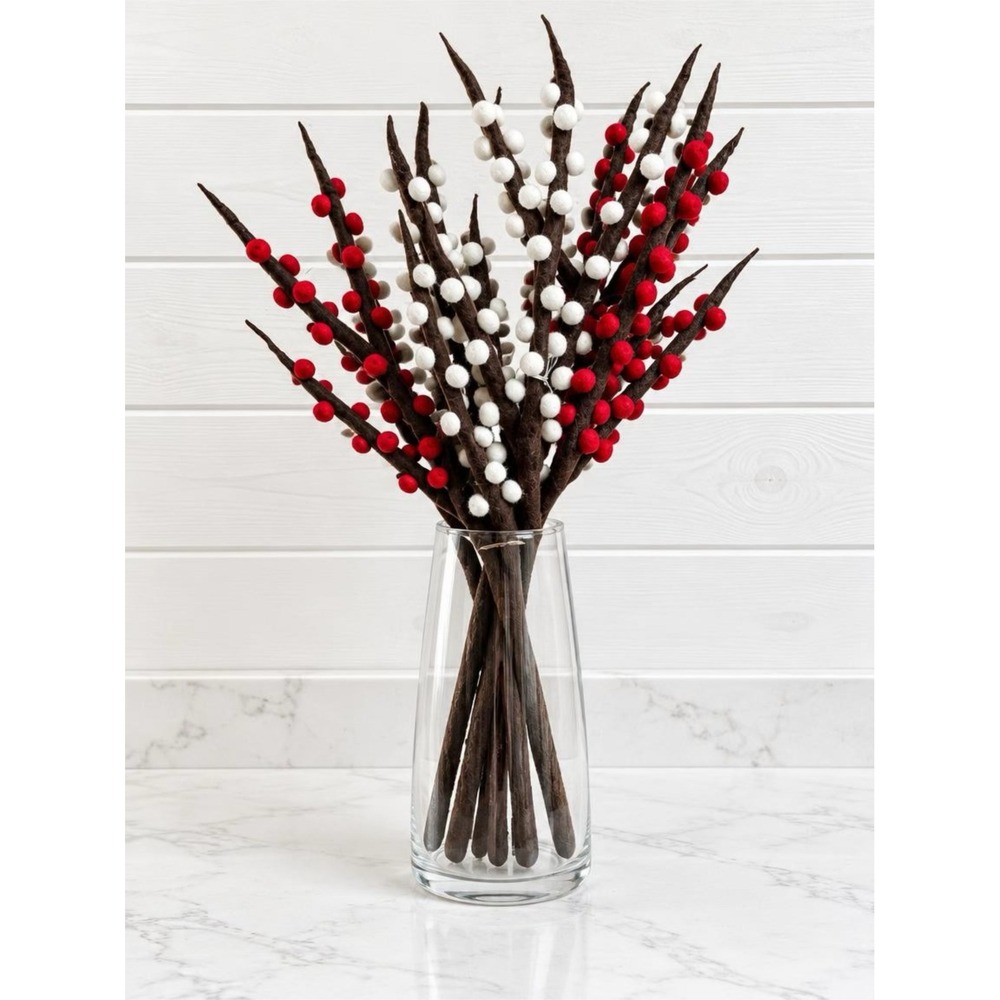 Trader Joes Felted Ilex Berries 24 Inch Red White Wool Christmas Decor Stems